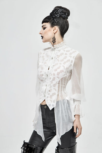 Ivory Chiffon High Collar Flared Cuff Back Lace-Up Gothic Blouse