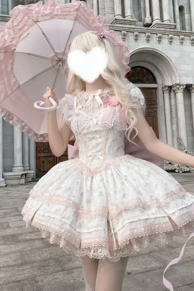 Blush Printed Ruffled Lace JSK Set with Bow