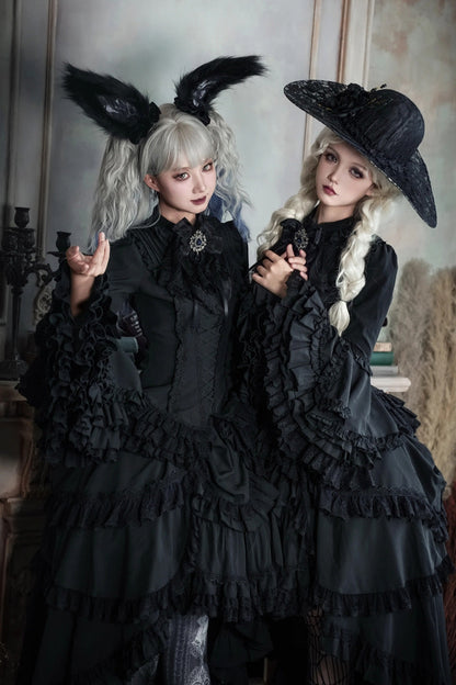 Ebony Flared Sleeve Tiered Lace-Up Bow Gothic JSK Ensemble - Immortal Phoenix