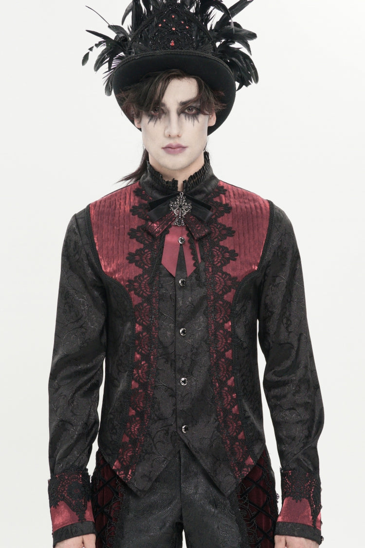 Crimson High-Neck Gothic Palace Shirt with Jacquard and Bow Accents