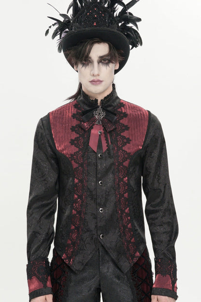 Crimson High-Neck Gothic Palace Shirt with Jacquard and Bow Accents