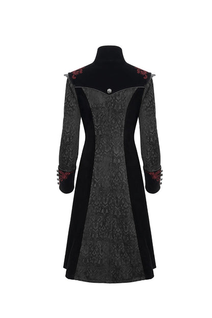 Embroidered Metal Cross Mushroom Buckle Studded Gothic Women's Coat in Black Jacquard