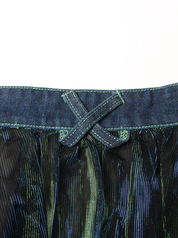 Jupe trapèze en tulle bleu vert avec patchwork en jean et ceinture TT1038 