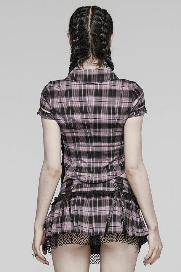 Steampunk Hollow-Lace Plaid Blouse with Short Sleeves in Two Shades - VictorianRose