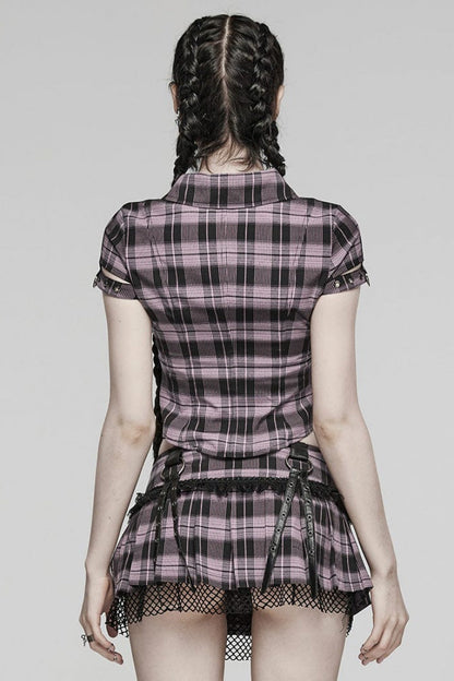 Steampunk Hollow-Lace Plaid Blouse with Short Sleeves in Two Shades - VictorianRose