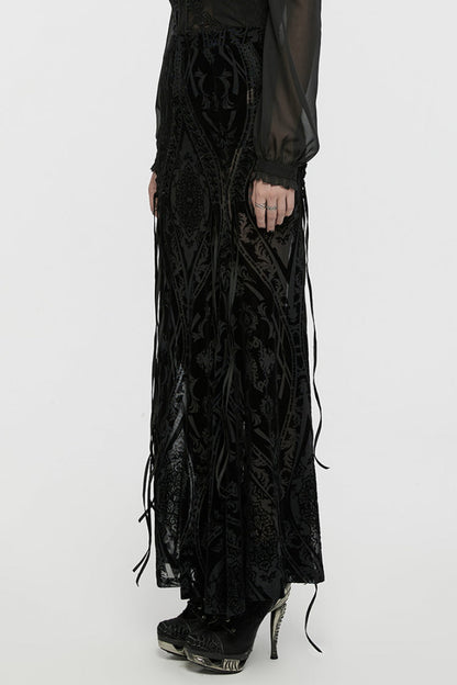 Sheer Mesh Lace-Up Embroidered Gothic Skirt for Women in Black