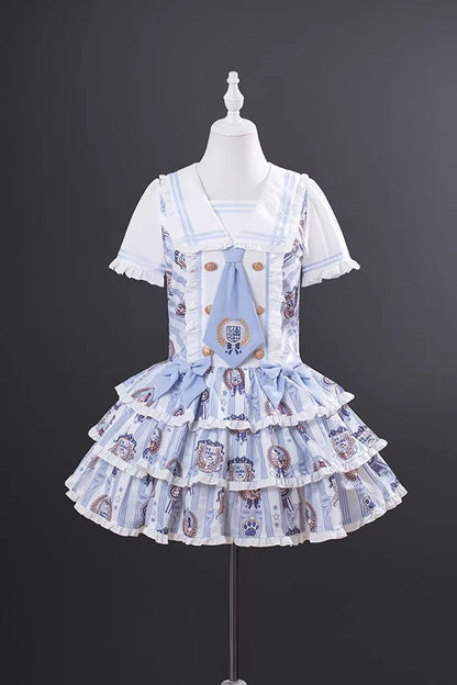 Glory of the Dog Navy Collar Low Waist Printed Ruffle Dress