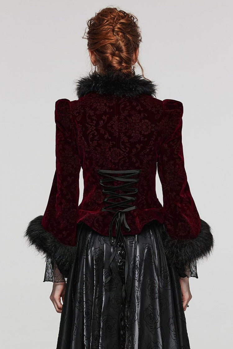Women's V-Neck Long Sleeve Faux Fur Stitch Gothic Coat Four Shades