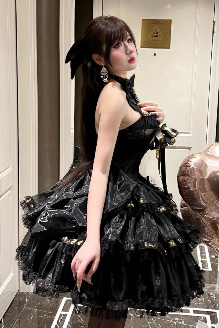 Gothic Princess Dress with Halterneck and Triple Ruffle Lace in Black