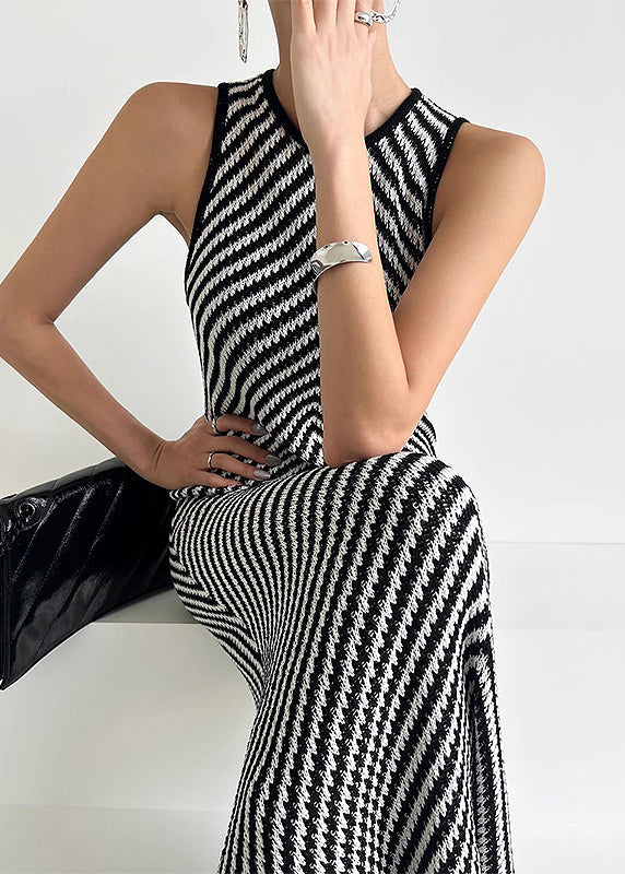 Knit Striped Sleeveless Dress Black Fit Ankle Silm