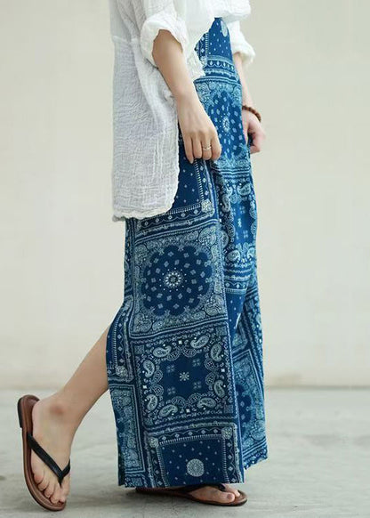 New Blue Print Side Open High Waist Cotton Skirts Fall QP004