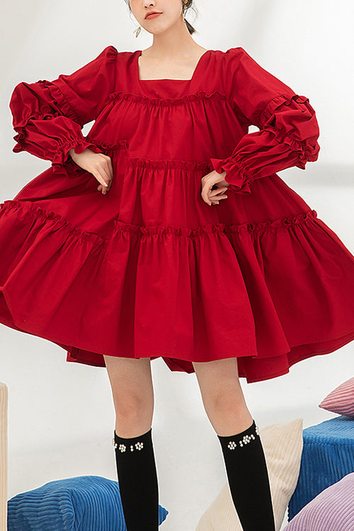 Crimson Square-Neck Sweet Lolita OP Dress with Ruffles and High Waist
