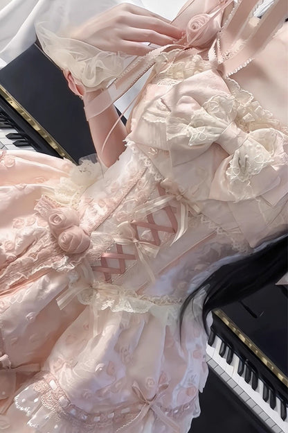 Blush Double-Layered Ruffle Embroidered Bow Lace Sweet JSK - Floral Overture