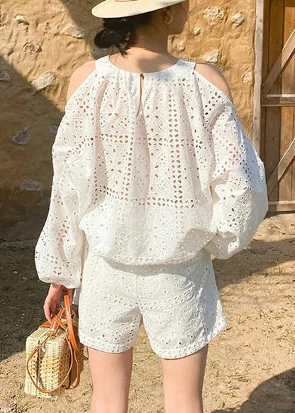 Two Shoulder Pieces Cotton Shirt Beige Shorts Cold And Boutique