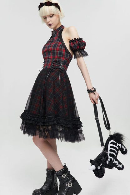 Crimson & Charcoal Punk Off-Shoulder Tartan Mandarin Collar Flared Hem Dress