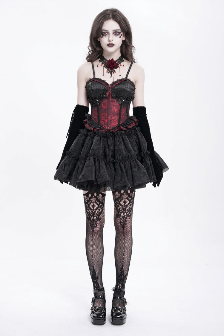Crimson Gothic Tank Top with Lace-Up Embroidery and Ruffle Trim