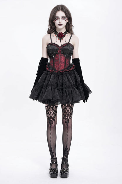 Crimson Gothic Tank Top with Lace-Up Embroidery and Ruffle Trim