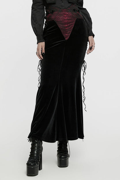 Crimson & Obsidian Ruffle Rose Embroidery Lace-Up Fishtailed Skirt