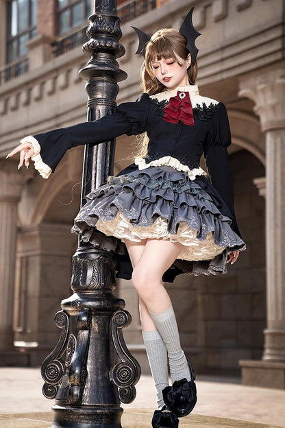 Gothic Princess Lolita Top and Skirt Set with Multi-Layered Ruffle in Black