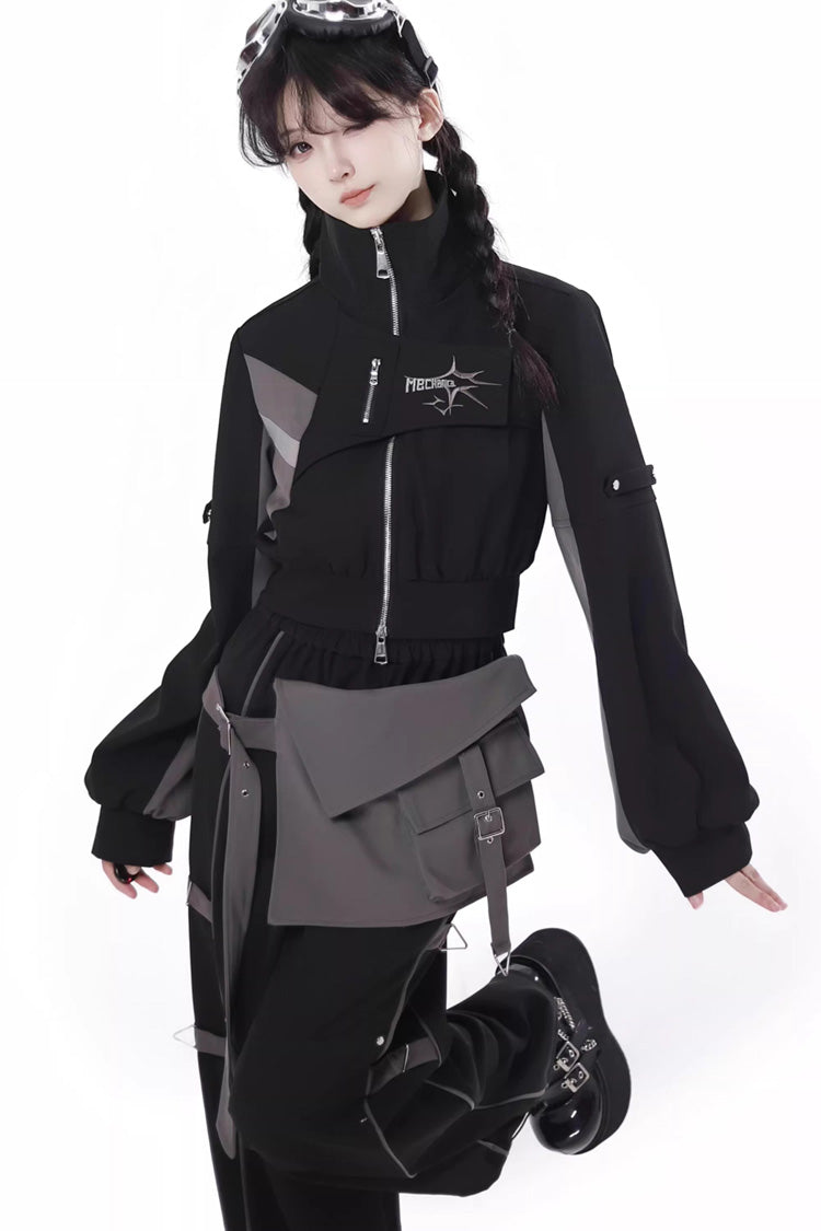 Ebony Techwear Paneled Zip Trousers & Cropped Jacket - Holographic Cruise