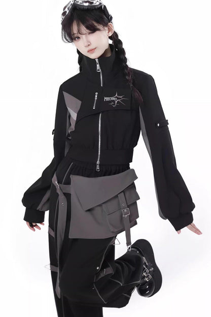 Ebony Techwear Paneled Zip Trousers & Cropped Jacket - Holographic Cruise