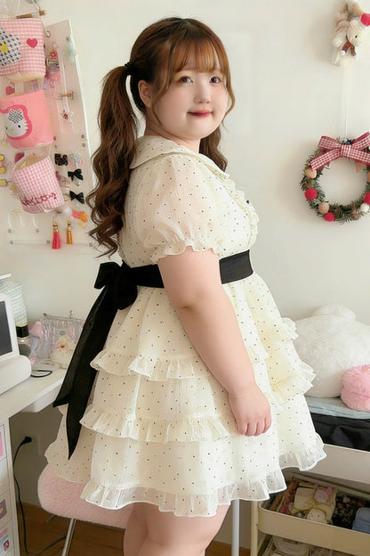 Ivory Doll Collar Short-Sleeve Polka Dot Ruffled Plus-Size Princess Lolita Dress