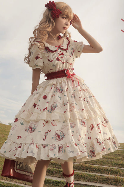 Ivory Apple Tea Print Short-Sleeve Country Ruffle Bow Sweet Lolita Dress Plus Size