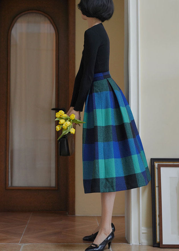 Unique Blue High Waist Plaid Wool Pleated Skirt Spring AJ1001