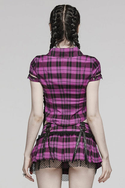 Steampunk Hollow-Lace Plaid Blouse with Short Sleeves in Two Shades - VictorianRose