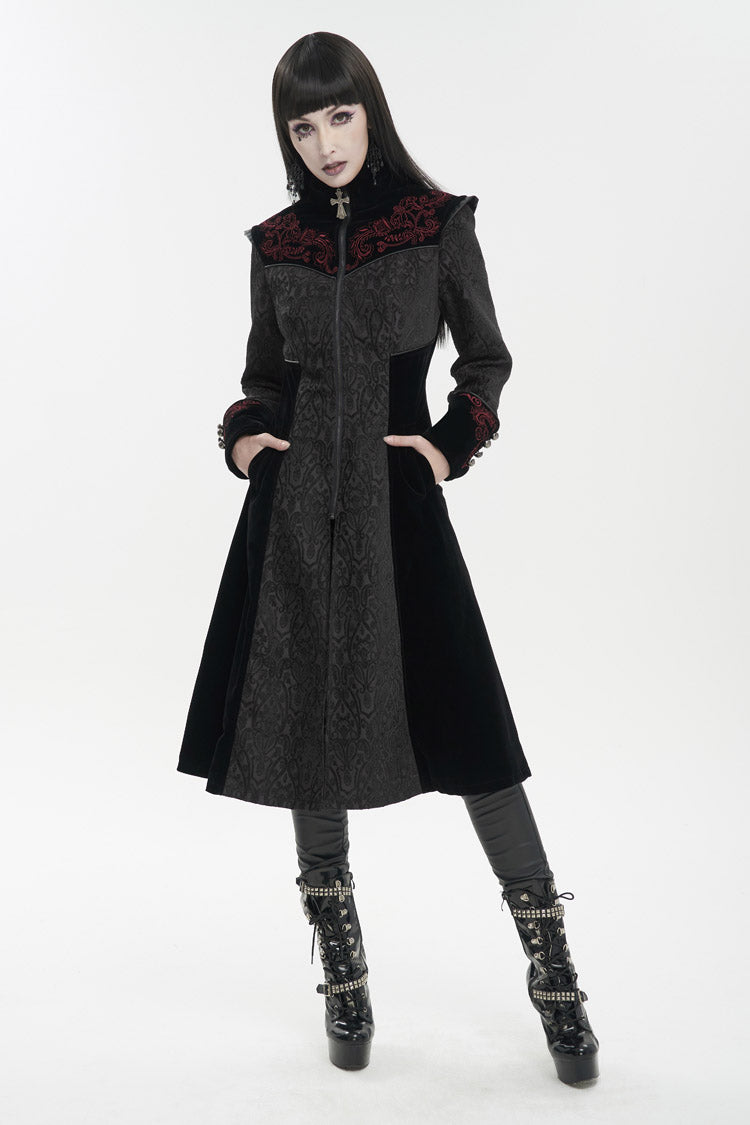 Embroidered Metal Cross Mushroom Buckle Studded Gothic Women's Coat in Black Jacquard