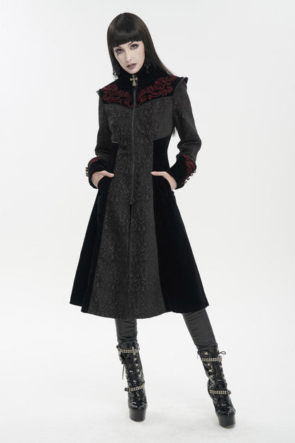 Embroidered Metal Cross Mushroom Buckle Studded Gothic Women's Coat in Black Jacquard