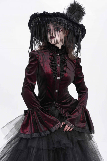 Crimson High-Neck Gothic Ruffled Blouse with Flared Sleeves and Tail Hem