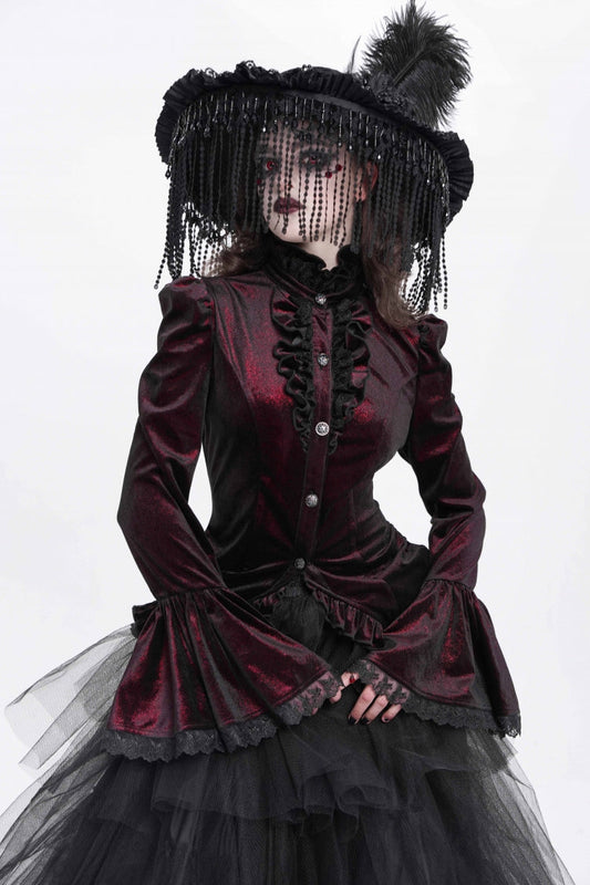 Crimson High-Neck Gothic Ruffled Blouse with Flared Sleeves and Tail Hem