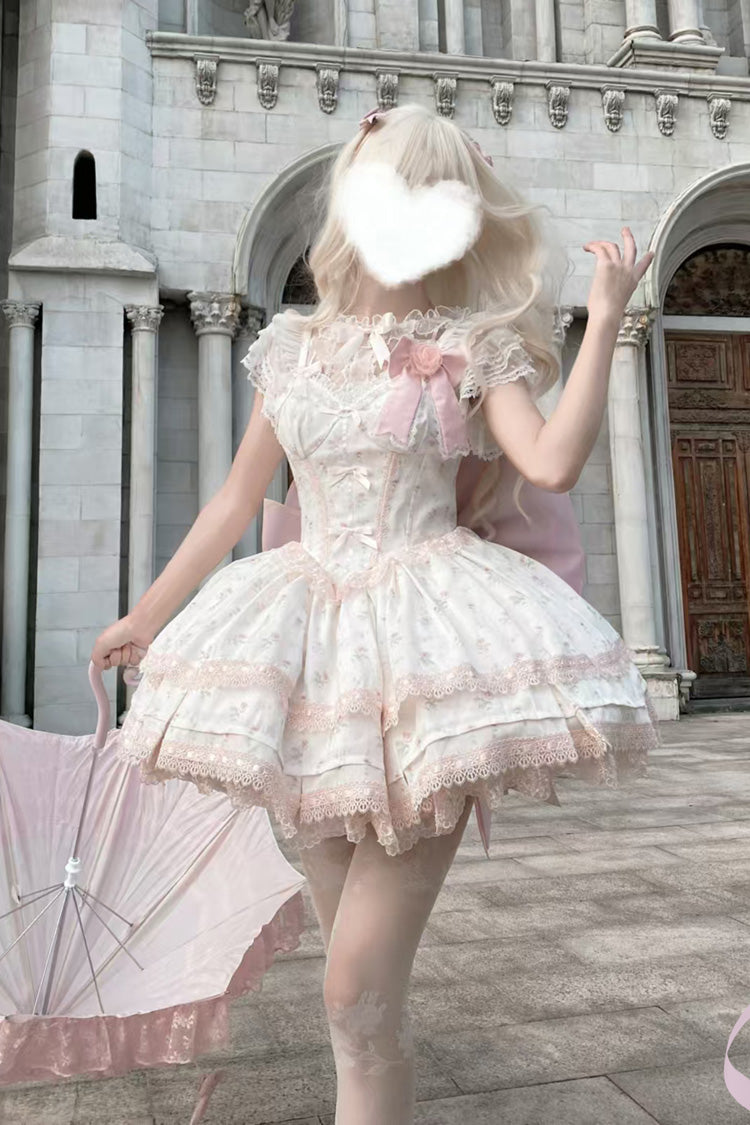 Blush Printed Ruffled Lace JSK Set with Bow