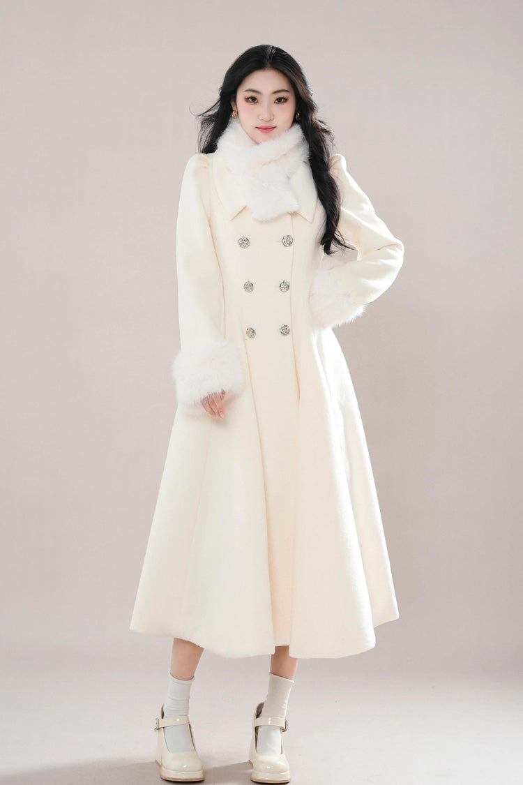 Elegant Princess Lolita Coat with Double-Breasted Front & Removable Fur Collar, Cream