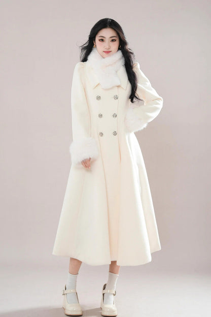 Elegant Princess Lolita Coat with Double-Breasted Front & Removable Fur Collar, Cream