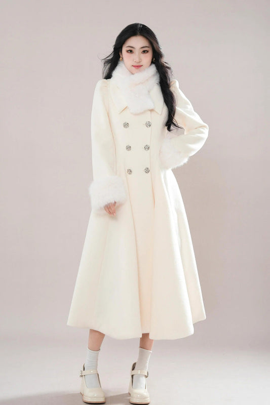 Elegant Princess Lolita Coat with Double-Breasted Front & Removable Fur Collar, Cream