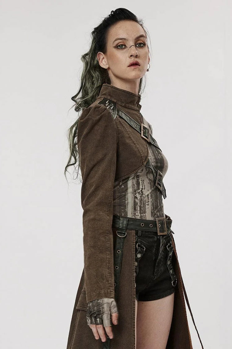 Steampunk Single-Arm Jacket with Rivet Buckle and Stand Collar in Two Tones - IndustrialChic