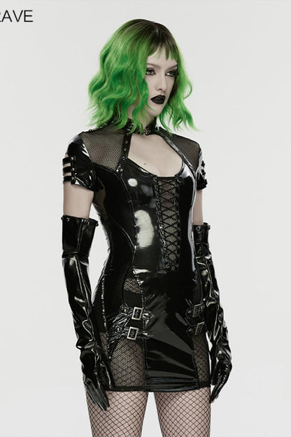 Slim Mesh Punk Dress with Lace-Up and Buckles for Women