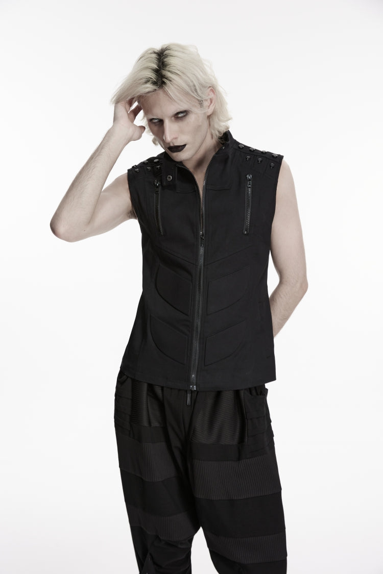 Men's Black Punk Vest, Sleeveless with Studs and Zip Front