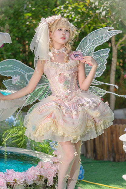 Blush Ruffled Embroidered Bow Lace Fishbone Princess JSK