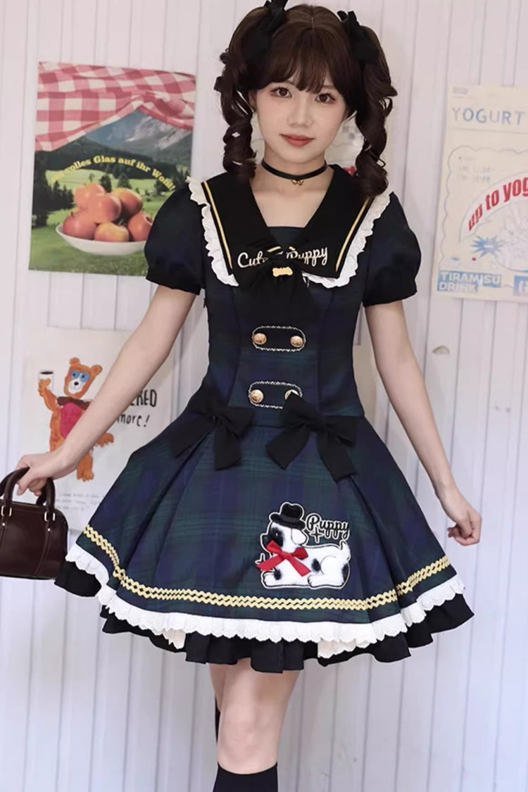 Azure Dalmatian Print Short Sleeve Ruffle Bow Slim Sweet Lolita Gown