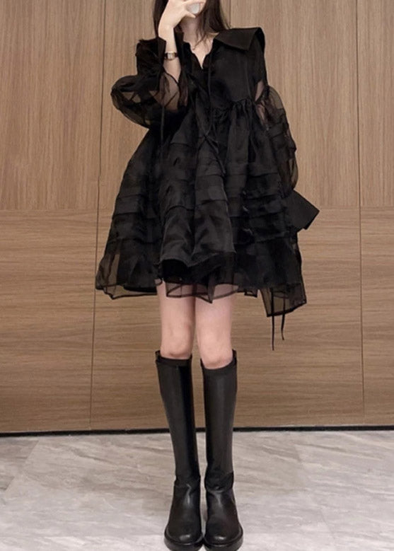 Long Neck Mid V Dresses French Tulle Patchwork Black Sleeve