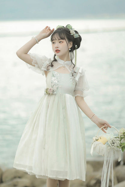 Sleeveless Lily Embroidery Cute Lolita JSK Dress in Mint Green