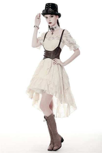Steampunk Vintage Gorgeous Graduation Gown with Off-Shoulder Ruffles & Ruched Sleeves