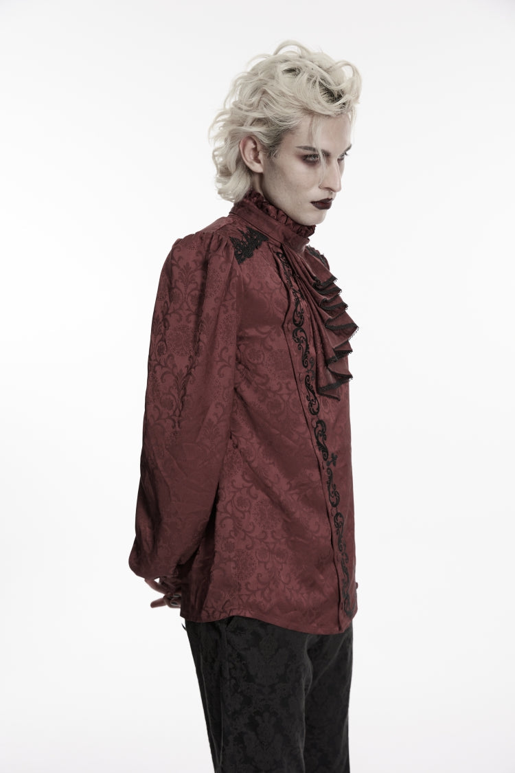 Crimson High-Neck Gothic Palace Shirt with Jacquard and Detachable Tie