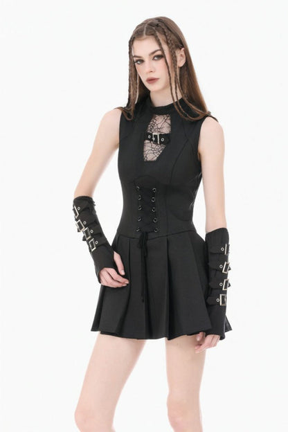 No-Sleeve Cobweb Sheer Mesh Lace-Up Punk Mini Dress