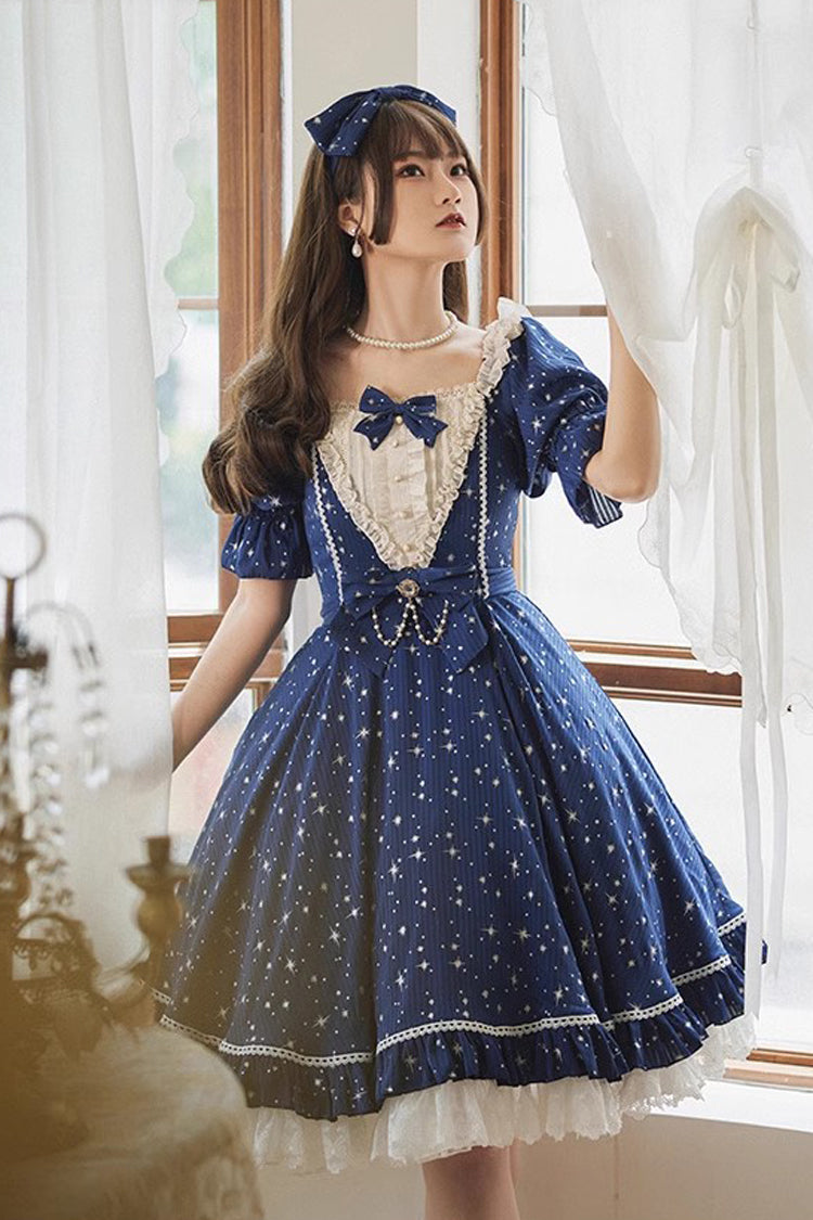 Midsummer Galaxy Star Print Short Sleeve Ruffled Bow Lolita OP Gown