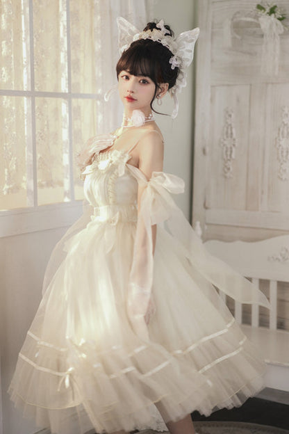 Sweet Lolita JSK Gown with High Waist, Bow Accents & Chiffon Long Cut