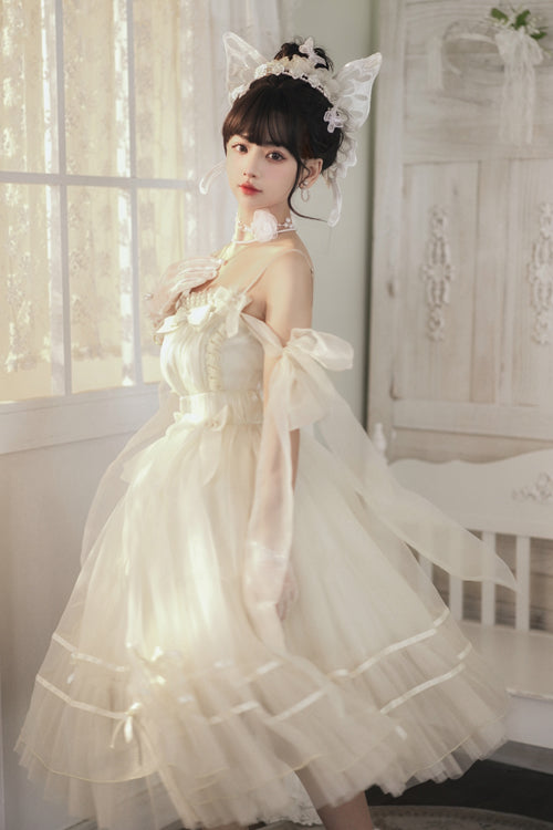 Sweet Lolita JSK Gown with High Waist, Bow Accents & Chiffon Short Cut